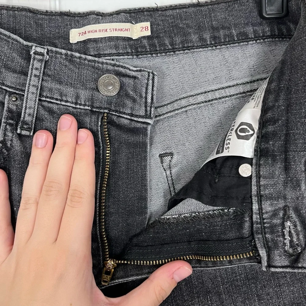 Levi’s Premium 724 High Rise Straight Distressed Washed Black Jeans Sz 28